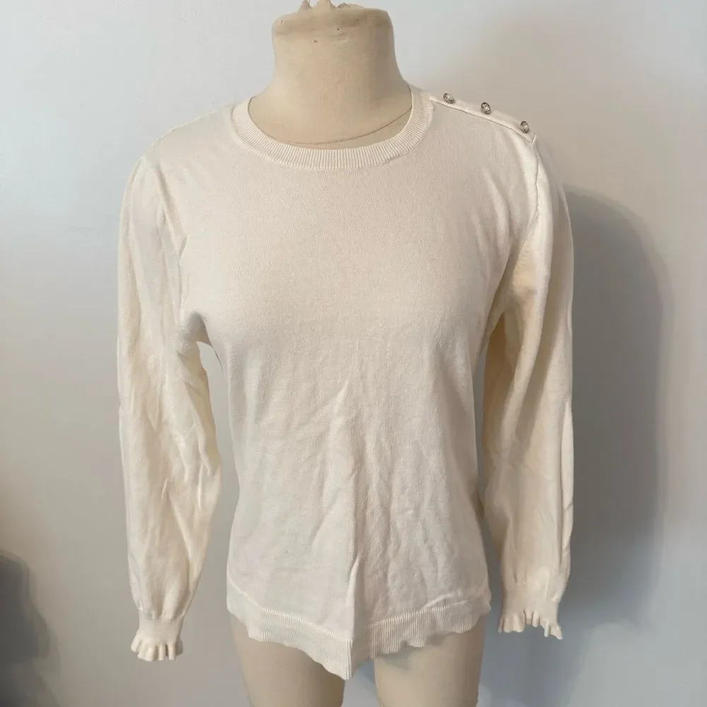J. Crew Ivory Cotton Ruffle Rhinestone Sweater Size Large